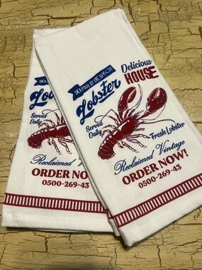 Lobster Print Kitchen Towel Set - White with Red & Blue